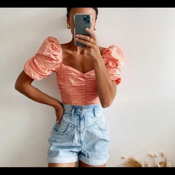 NWOT ZARA RUFFLE TRIM CORAL VOLUMINOUS TOP - Picture 2 of 5